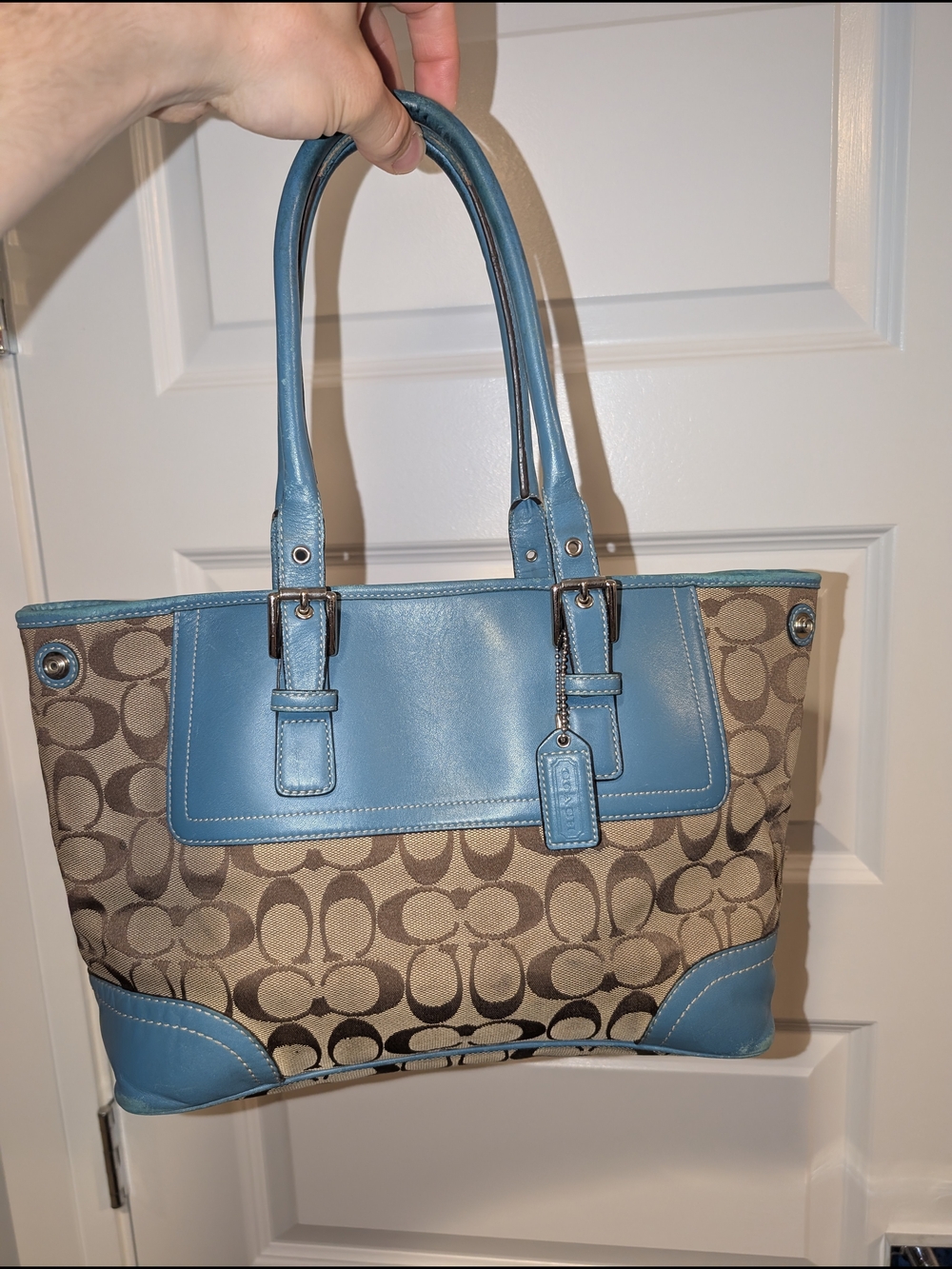 Y2K Vintage Coach Signature Monogram Tote Bag w/ Blue Leather Accent